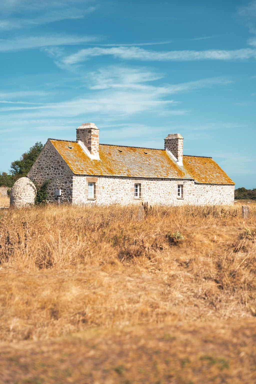 Maison basse en pierre au toit couvert de lichen, au milieu des herbes sèches de l'île Tatihou