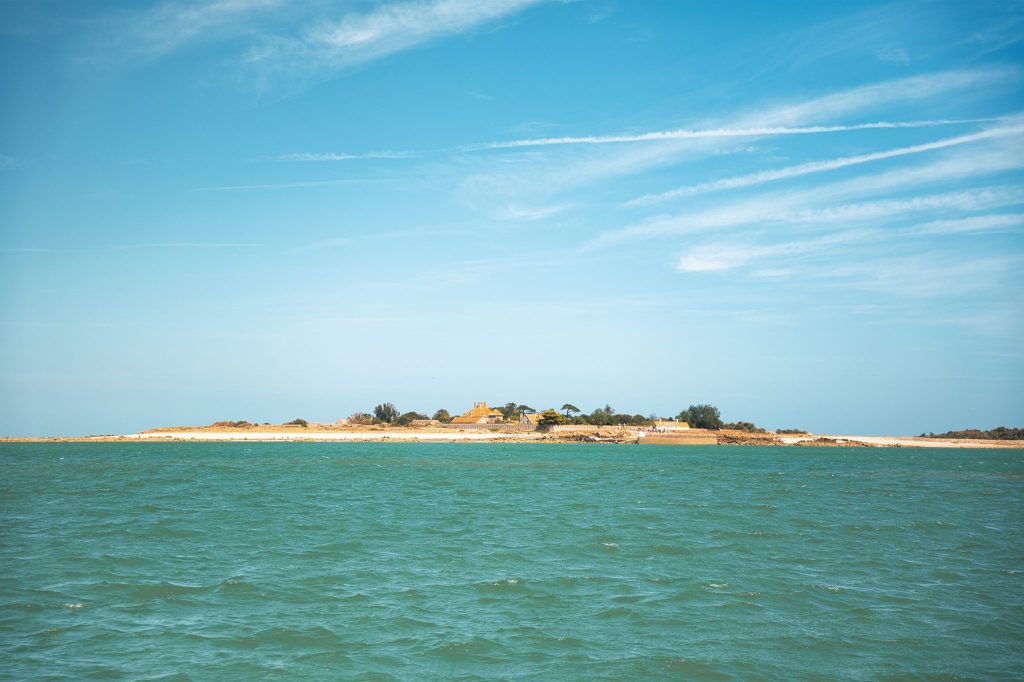 L'île Tatihou, ses arbres et ses bâtiments, posée sur une mer turquoise au large de Saint-Vaast-la-Hougue